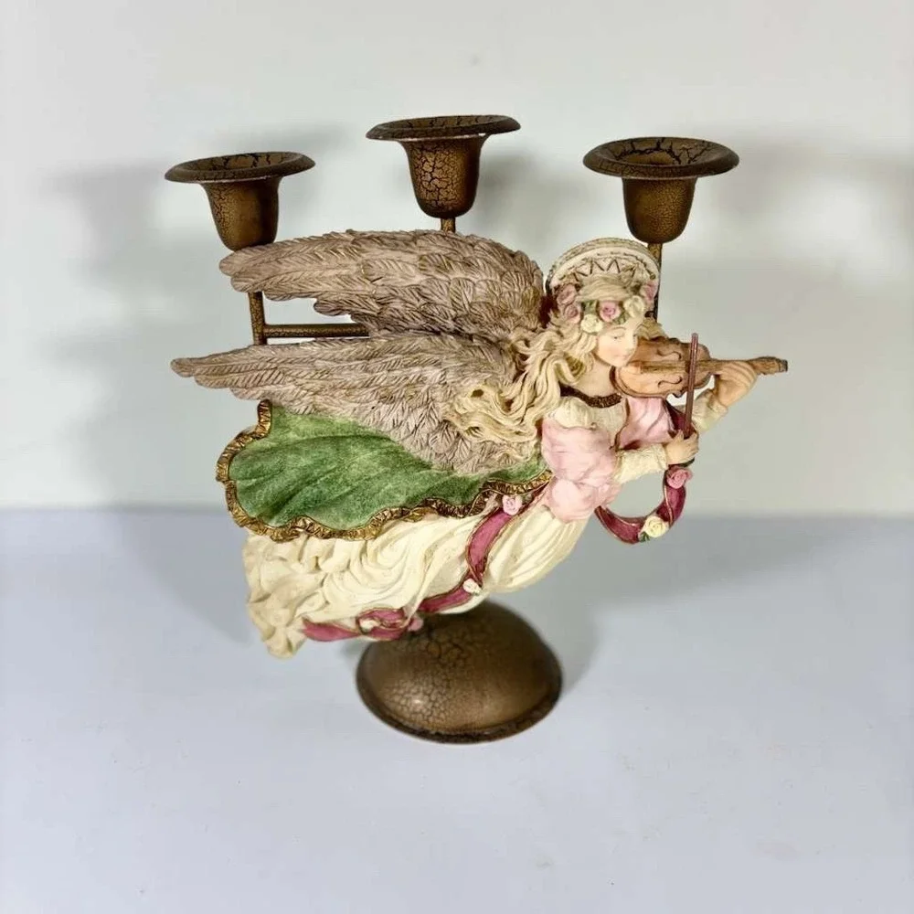 Sculpted Resin Heavenly Angel Candle Holder w/Violin 3 Candle Metal Candelabra